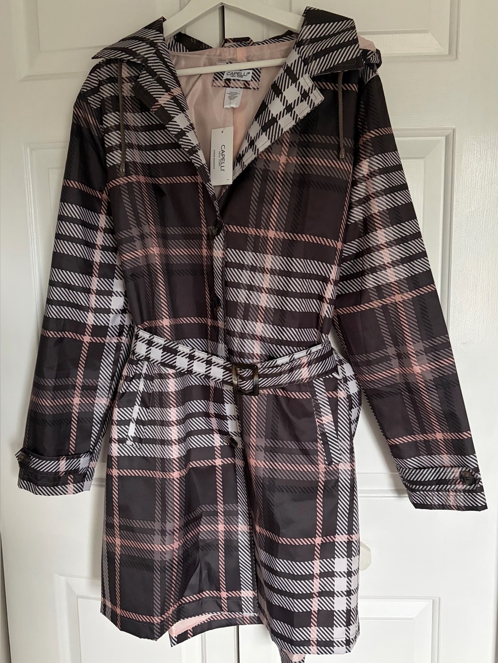 Capelli New York  Pink, Cream & Brown Plaid Hooded Trench Coat, NWT, Size Large